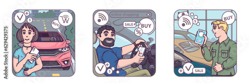 Woman select new auto online. Man going to shopping by car. Male choose automobile in salon. Auto salon, buy or rental car concept. Car showroom. Flat vector illustration in cartoon style