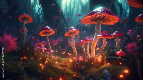 Colorful mushroom in a magical forest . Fantasy concept , Illustration painting.