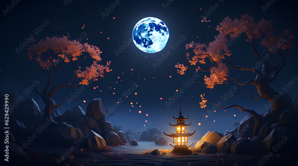 Mid Autumn Festival Chinese lantern, cherry blossoms, and full moon. Modern style design. Concept for traditional Asian holiday card, poster, banner. Generative AI