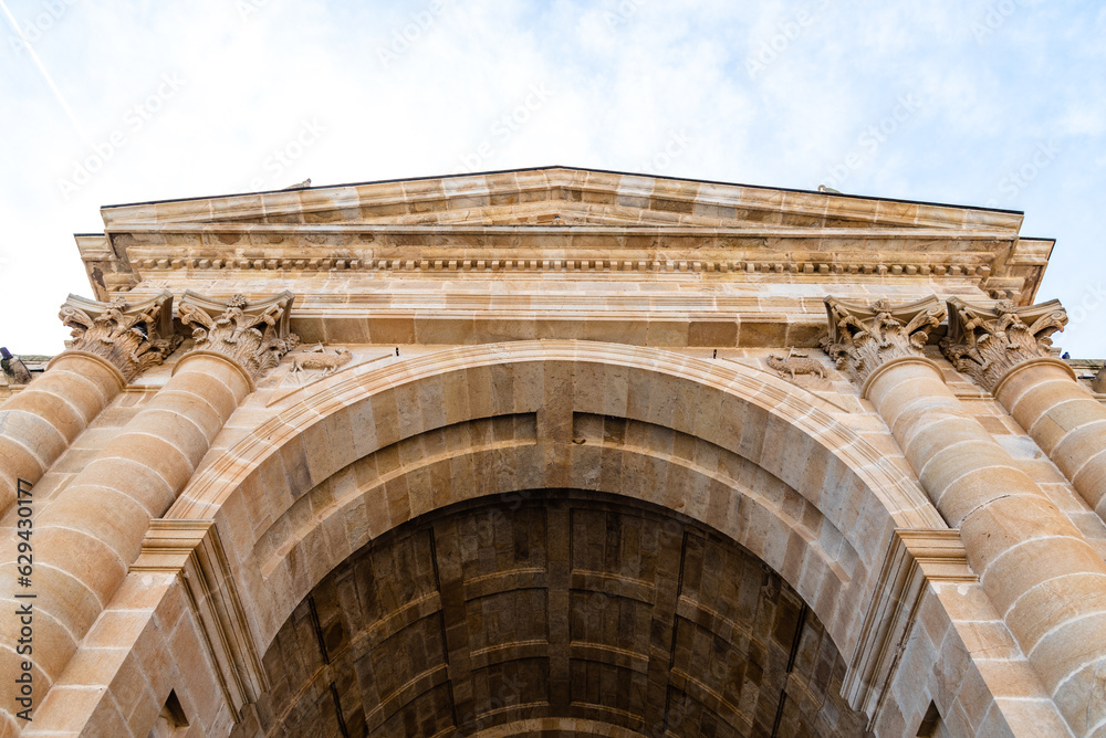 Low angle view of entrance portico to the Zamora Cathedral.