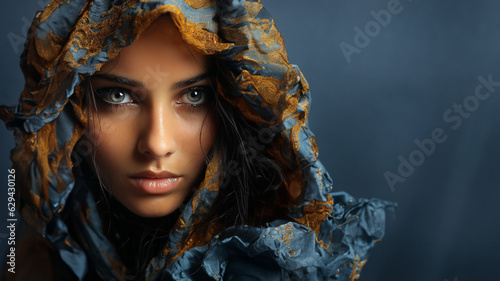 Hübsche arabische Frau Gesicht mit edlen Seide  hijab hidschäb unhüllt porträt, ai generativ photo