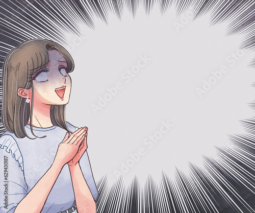 Fotografía 70s少女マンガイラスト・ガガーン…落ち込むお姉さん集中線バナー