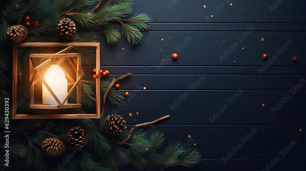 Christmas tree branches with fir cones, gold stars and beads on dark wooden background. Frame, berries, and lanterns. Christmas and New Year's atmosphere.  Generative AI