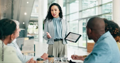 Business woman, meeting and presentation on tablet screen for clients marketing, sales and information or advice. Feedback, report or proposal of professional manager and people on digital technology