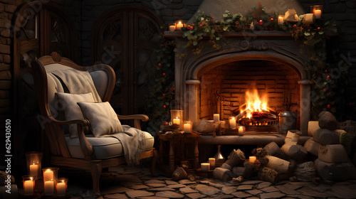 Christmas background with fireplace and armchair. Cozy warm atmosphere for the New Year and Christmas. Generative AI