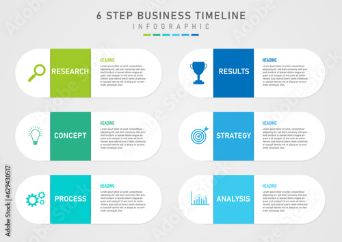 Simple infographic template 6 steps business plan for success White rounded square with multicolored squares in the middle with white letters on the left icon right letter gray gradient background