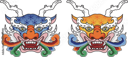 oriental blue dragon&yellow dragon's head