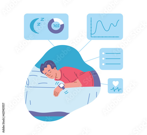 Man peacefully sleeping with smart watches, flat vector illustration isolated on white background.