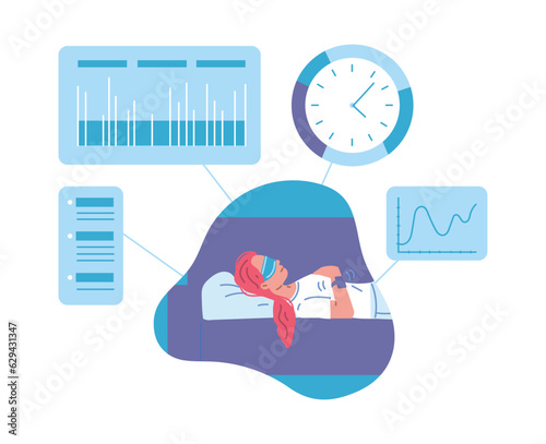 Woman sleeping on sofa with smart watches counting sleep quality, flat vector illustration isolated on white background.