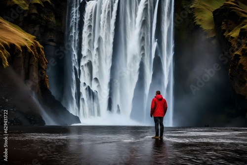 The Skogafoss waterfall in Iceland is a breathtaking sight to behold. A man in a vibrant red jacket stands at the edge, captivated by the sheer force and beauty of the water generative ai technology 