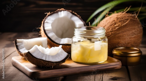 coconut and coconut oil with wooden board