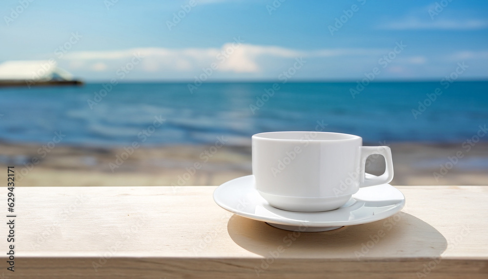 White coffee cup on shelf with blurred sea beach background White coffee cup on shelf with blurred sea beach background
