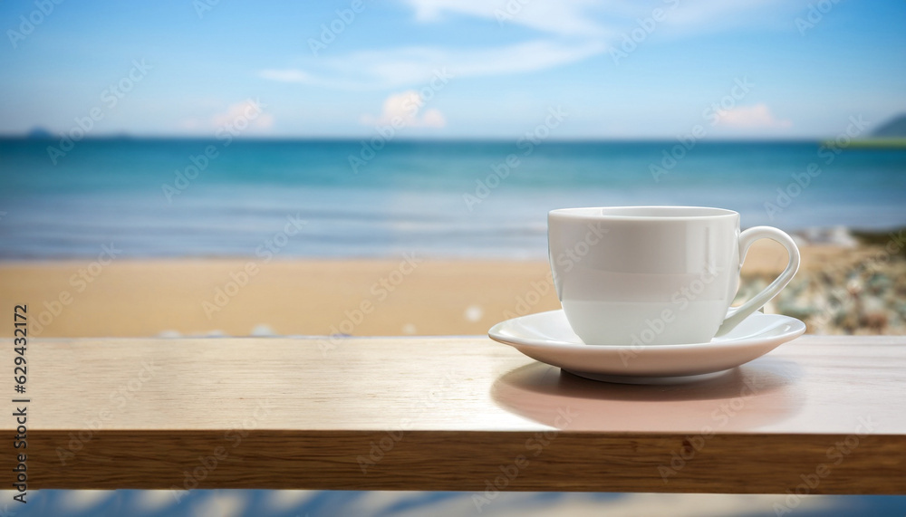 White coffee cup on shelf with blurred sea beach background