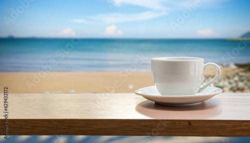 White coffee cup on shelf with blurred sea beach background