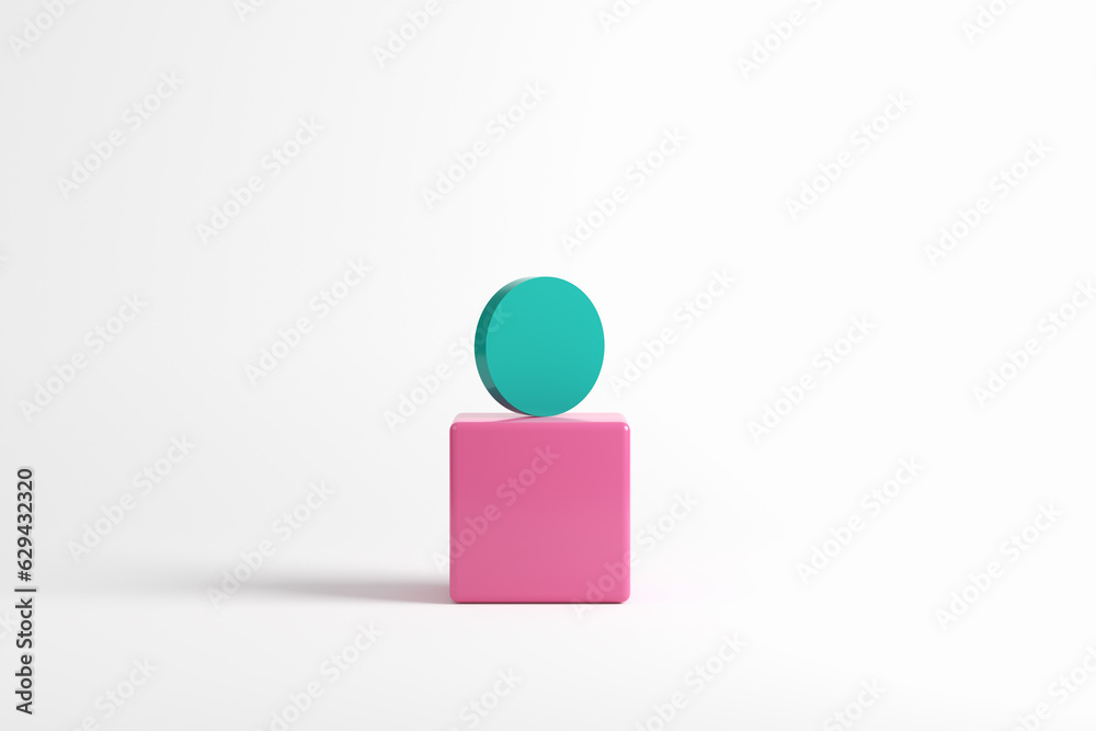 Green cylinder on top of a pink cube on white background. Green cylinder on top of a pink cube on white background.