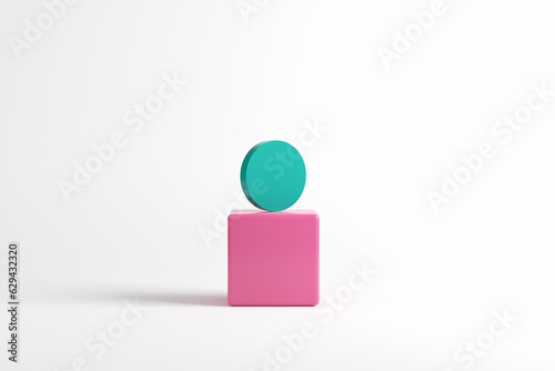 Green cylinder on top of a pink cube on white background.