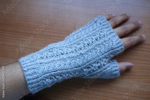 Hand knitted beaded mittens with alpaca wool. Laced and cabled texture II
