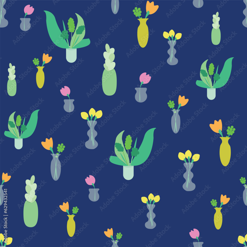 Blue plants and flowers vases seamless vector background. Indoor colorful flowers, and plants vector pattern