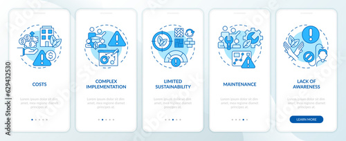 2D thin line icons representing sustainable office mobile app screen set. 5 steps graphic instructions, UI, UX, GUI template.