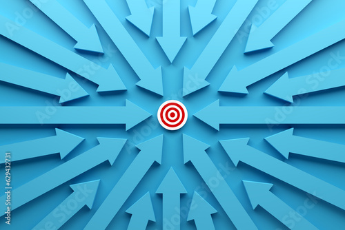 Business target goal setting and achievement. Blue arrows pointing towards the button with target goal symbol.