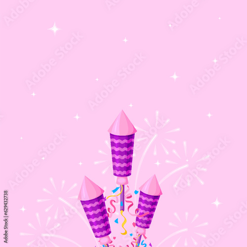 Fireworks rocket confetti star pink background flat. Cute purple wallpaper starry sky take off rocket festive colorful clapper explosion flash blank template greeting card holiday festive celebration