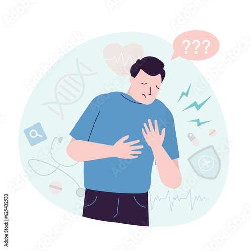 Unhappy man with heart problems. Male patient complains of pain in heart, cardiac disease, pathology. Problem with cardio and circulatory system. Heart attack, discomfort.