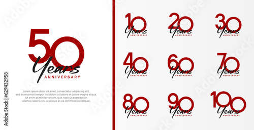 set of anniversary logo flat red color number and black text on white background for celebration