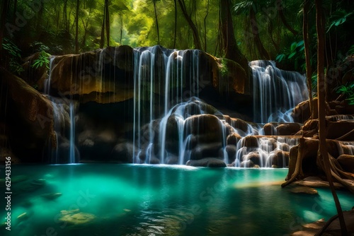 Erawan waterfall tier 3 in the national park at Kanchanaburi  Thailand. The waterfall emerges from the verdant forest  flowing gracefully down the rocky tiers generative ai technology 