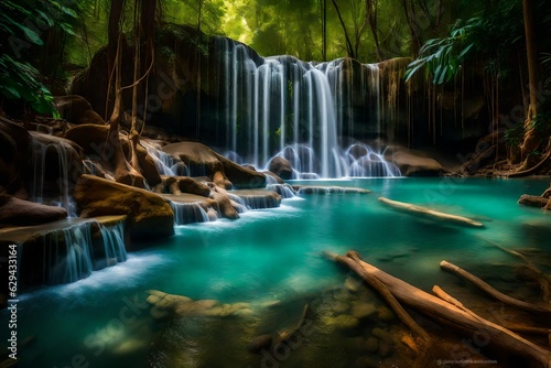 Erawan waterfall tier 3 in the national park at Kanchanaburi  Thailand. The waterfall emerges from the verdant forest  flowing gracefully down the rocky tiers generative ai technology 