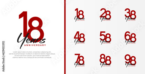 set of anniversary logo flat red color number and black text on white background for celebration