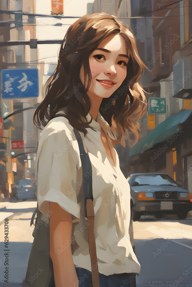 Fototapeta premium beautiful woman perfect symmetrical eyes, long wavy brown hair, vintage haircut, open smile, beautiful highly detailed face, city street