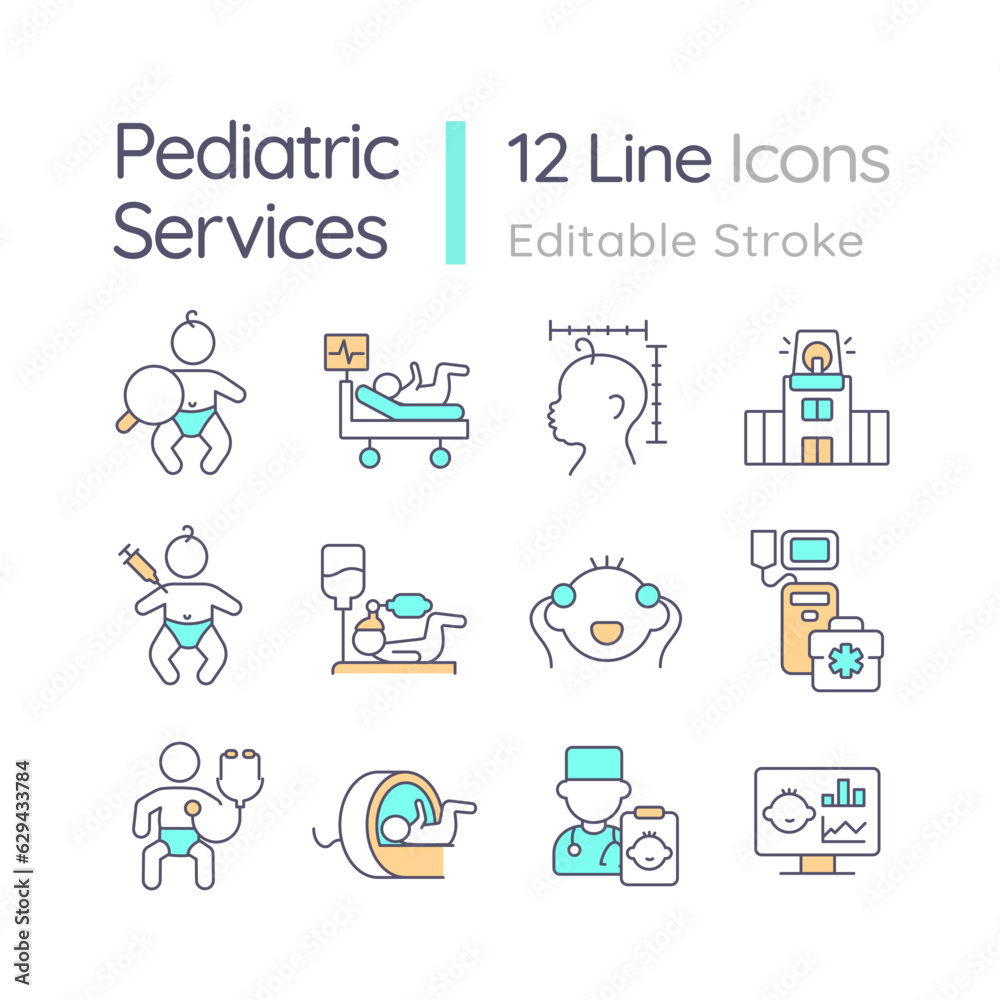 Pediatric care RGB color icons set. Medical service. Child development. Childcare center. Family insurance. Isolated vector illustrations. Simple filled line drawings collection. Editable stroke