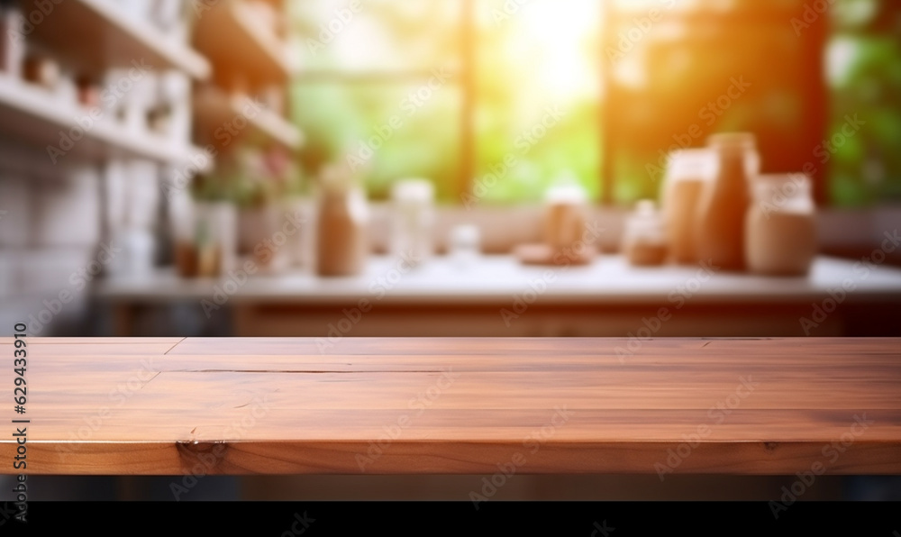 empty wooden table positioned against the backdrop of a blurred kitchen bench empty wooden table positioned against the backdrop of a blurred kitchen bench