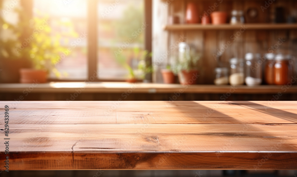 empty wooden table positioned against the backdrop of a blurred kitchen bench empty wooden table positioned against the backdrop of a blurred kitchen bench