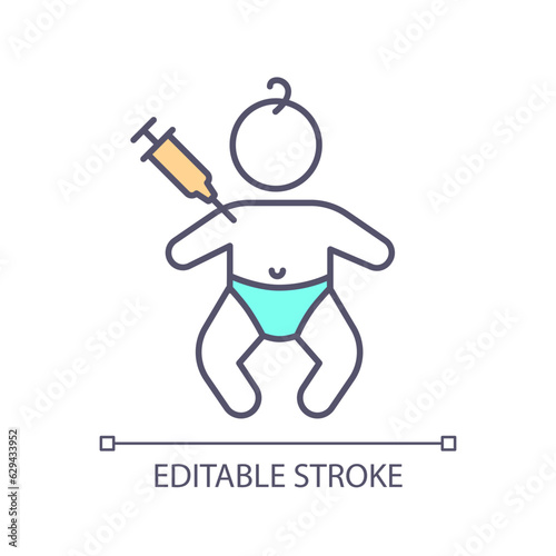 Child immunization RGB color icon. Vaccine injection. Medical procedure. Infant baby. Preventive healthcare. Pediatric care. Isolated vector illustration. Simple filled line drawing. Editable stroke