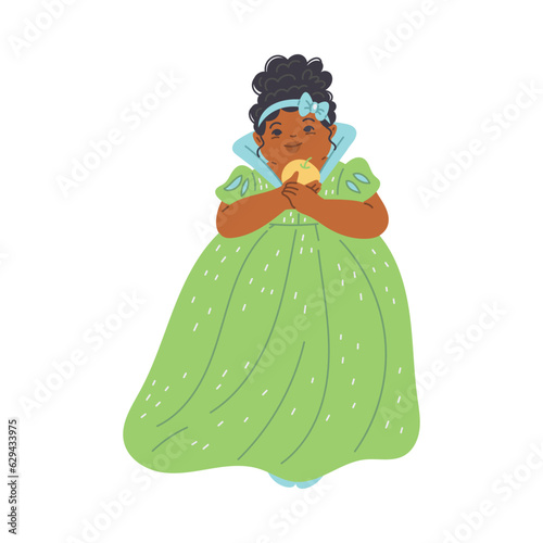 African princess in green lush dress with apple in hand, vector multi ethnic princesses collection, fashion black girl