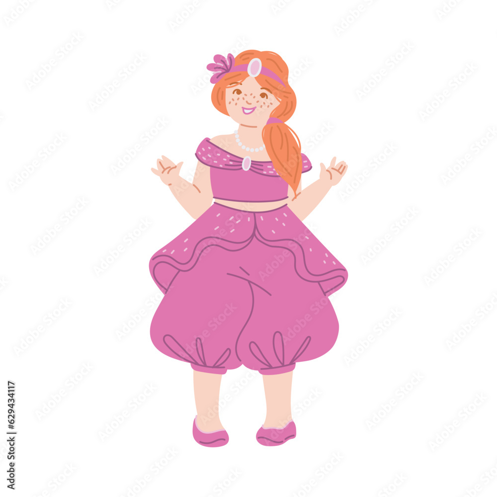 Ginger princess in pink costume, funny fairy with freckles, vector multi ethnic princesses cartoon fashion barbie girl