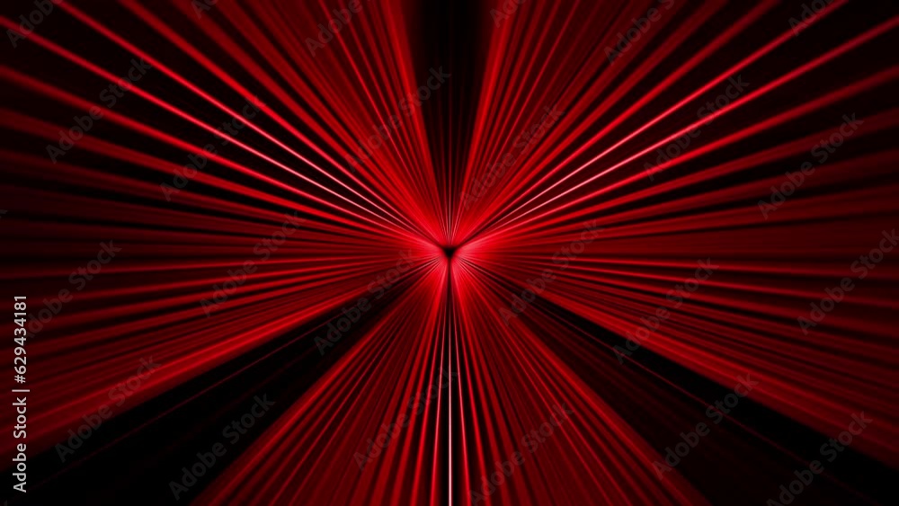 Abstract VJ loop red laser center radial streak shine ray light sparking on black background. 4K 3D fractals seamless loop infinite complex glowing radial light streaks.