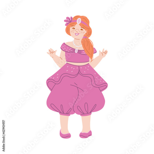 Ginger princess in pink costume  funny fairy with freckles  vector multi ethnic princesses cartoon fashion barbie girl