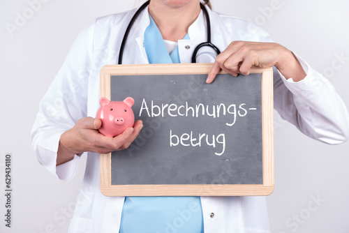 Ärztin mit einem Sparschwein und einer Tafel auf der Abrechnungsbetrug steht