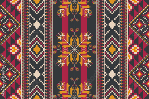 Ethnic embroidery stripes pattern. Vector ethnic geometric shape seamless pattern colorful vintage pixel art style. Ethnic geometric stitch pattern use for textile, carpet, cushion, wallpaper, etc.