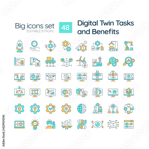 Digital twin tasks and benefits RGB color icons set. Smart manufacturing. Artificial intelligence. Isolated vector illustrations. Simple filled line drawings collection. Editable stroke