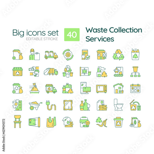 Waste collection services RGB color icons set. Trash removal. Garbage sorting. Refuse truck. Eco friendly. Isolated vector illustrations. Simple filled line drawings collection. Editable stroke