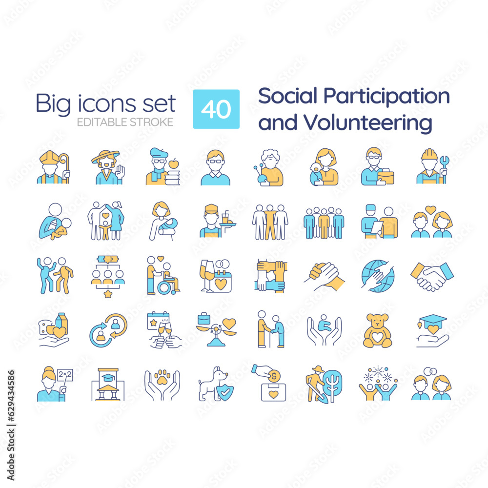 Social participation and volunteering RGB color icons set. Community involvement. Civic engagement. Non profit. Isolated vector illustrations. Simple filled line drawings collection. Editable stroke