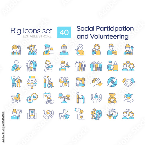 Social participation and volunteering RGB color icons set. Community involvement. Civic engagement. Non profit. Isolated vector illustrations. Simple filled line drawings collection. Editable stroke