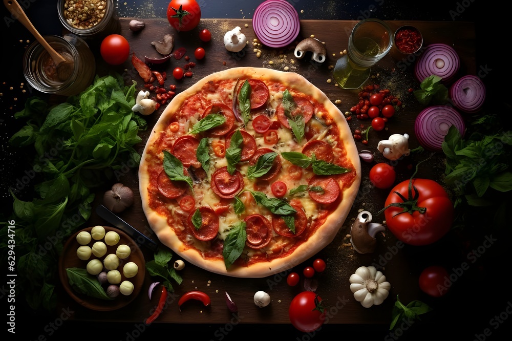 Tasty looking baked pizza product photo with ingredients around it, knolling layout, birds eye perspective, generative ai