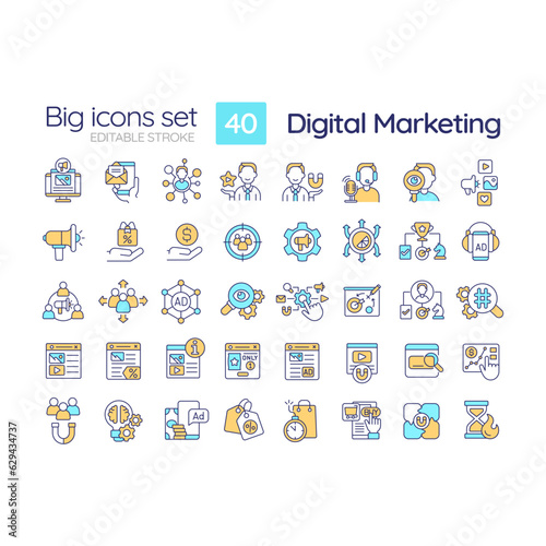 Digital marketing RGB color icons set. Social media. Online advertising. Brand strategy. Lead generation. Isolated vector illustrations. Simple filled line drawings collection. Editable stroke