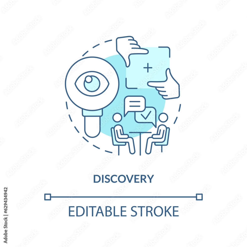 2D editable discovery thin line blue icon concept, isolated vector, monochromatic illustration representing knowledge management. 2D editable discovery thin line blue icon concept, isolated vector, monochromatic illustration representing knowledge management.