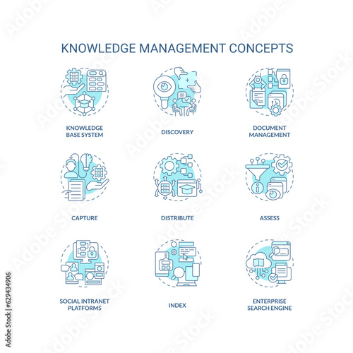 2D editable blue icons set representing knowledge management concepts, isolated vector, thin line monochromatic illustration.