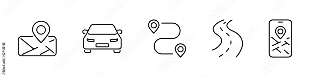 Navigation and roads with a car icons set, marks on the map Navigation and roads with a car icons set, marks on the map